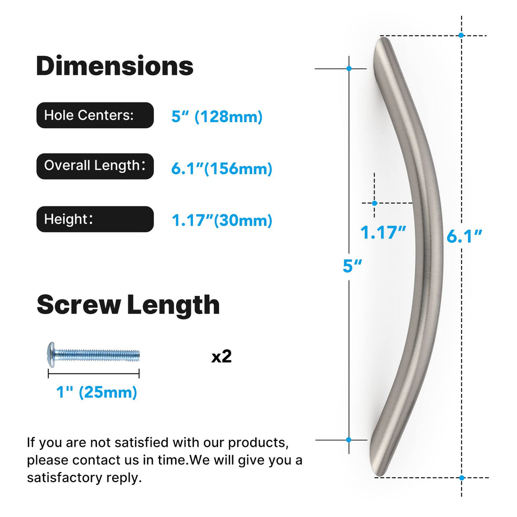 Solid Brushed Nickel Cabinet Pulls, 5 Inch Silver Arched Drawer Handles, 25 Pack Kitchen Cabinet Hardware, Screws