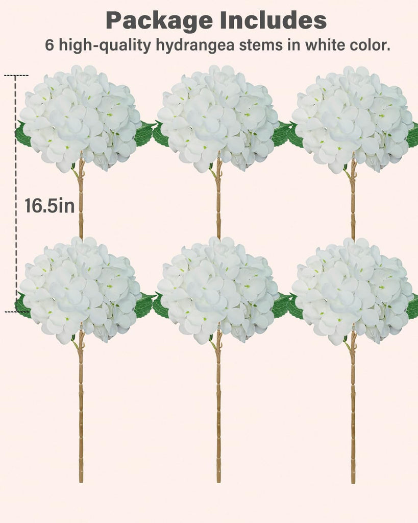 Premium White Hydrangea Artificial Flowers Bouquets, Ivory Silk Hydrangea Flowers Heads with Stems, Fake - Set of 6