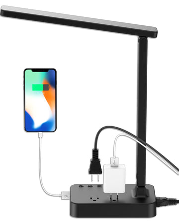 LED Desk Lamp for College Dorm Room, Desk Light with 1 USB Charging Port 2 AC Power Outlet, 3 Lighting Modes, 3 Level