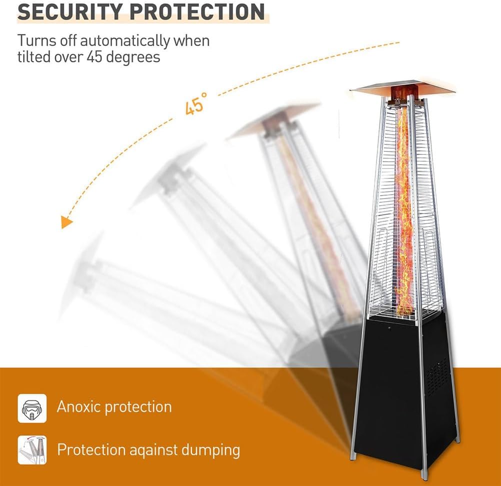 Patio Heater, 48,000 BTU Pyramid Propane Outdoor Heater with Glass Tube Flame, Wheels & Protective Cover, One-Touch