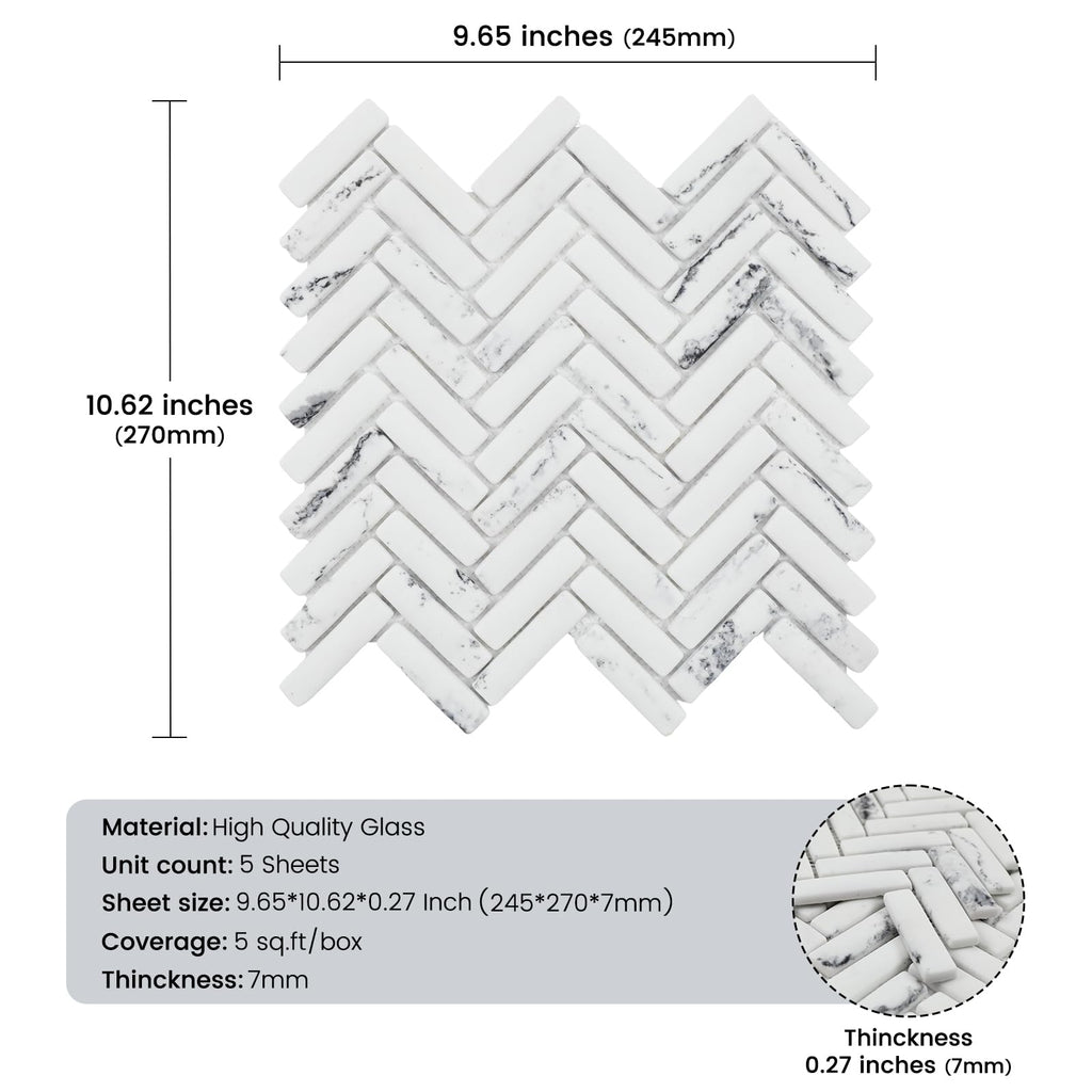 Carrara Herringbone Marble Look Recycled Glass Mosaic Backsplash