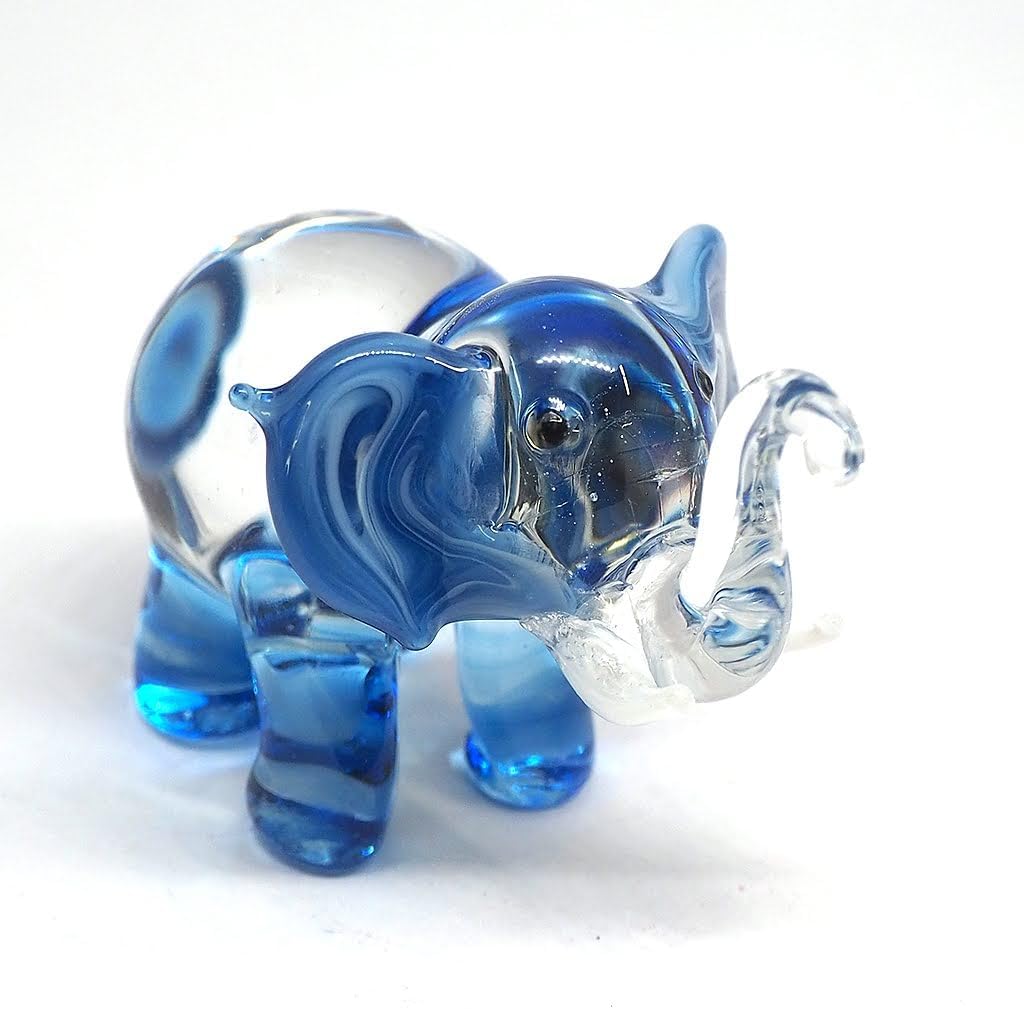 Lucky Elephant Figurines Blue Hand Blown Art Glass Collectible Animal Ornament Gift Decor, 1.5 x 2.5 x 1.8 inches
