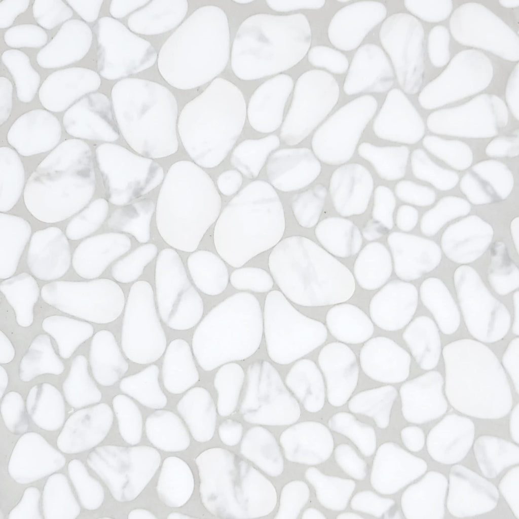 Pebble Tile for Shower Floor Border Kitchen Bathroom Backsplash, Carrara White Recycled Glass Marble Stone