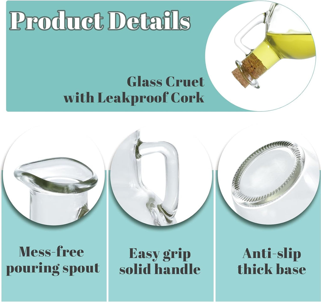 Oil and Vinegar Cruet, Glass Dispenser with Airtight Stopper, Condiment Bottles for Salad Dressing - Set of 2