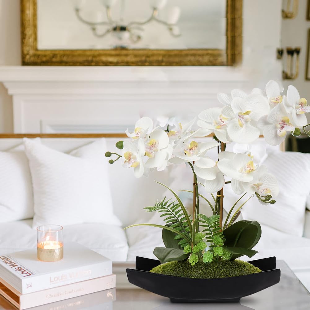 Orchid Artificial Flowers 15in White Fake Orchid Silk Flowers with Black Pot Faux Phalaenopsis Arrangement Room Table