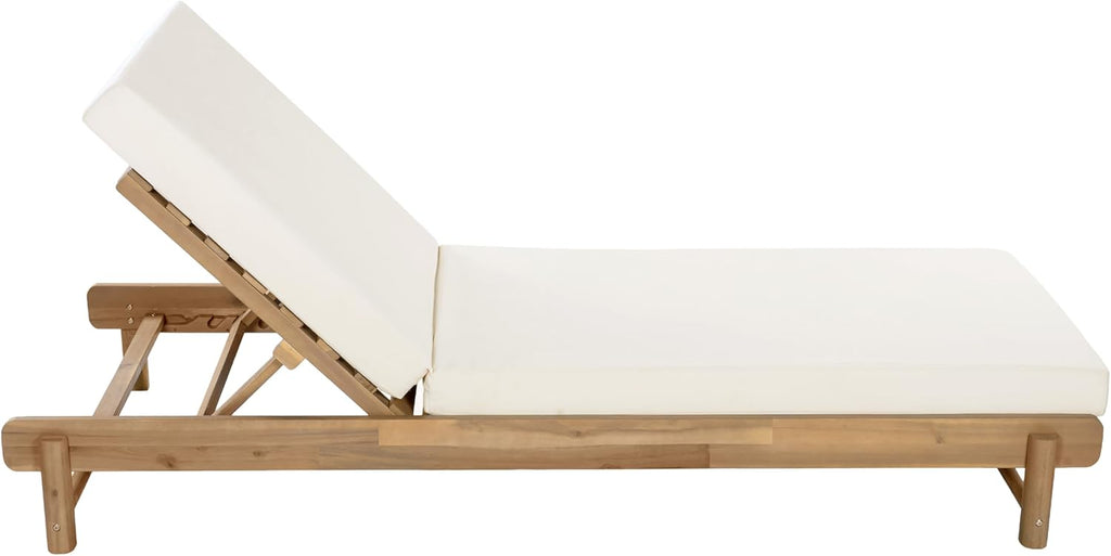 Outdoor Chaise Lounge with 4" Water-Resistant Cushion, Acacia Wood Recliner Chair Frame with Slatted Design