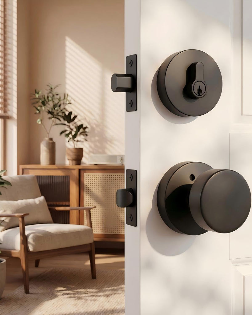 Matte Black Door Knobs with Deadbolt, Zinc-Alloy Matte Black Exterior Door Lock Set