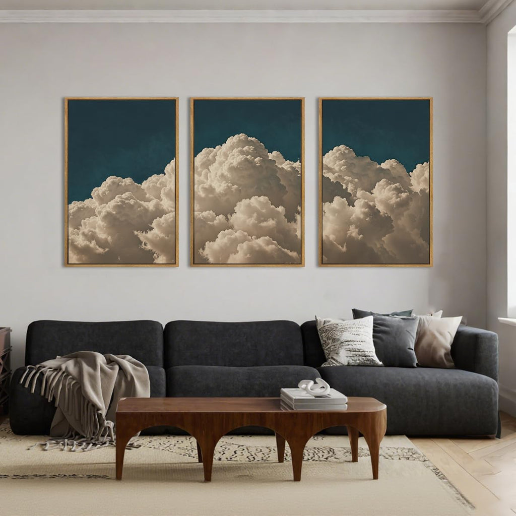 Extra Large Navy Blue Cloud Wall Art 24x36 Inch Framed Abstract Modern Landscape Canvas Wall Decor Minimalist Sky