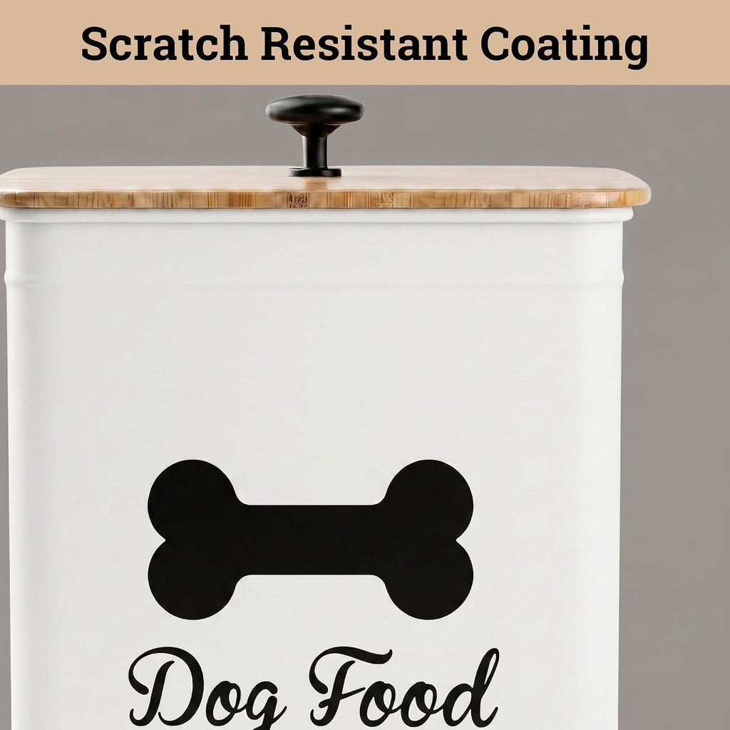 Metal Dog Food Container 5-7lb, 25 Cup w/ Airtight Bamboo Lid, Metal Handle