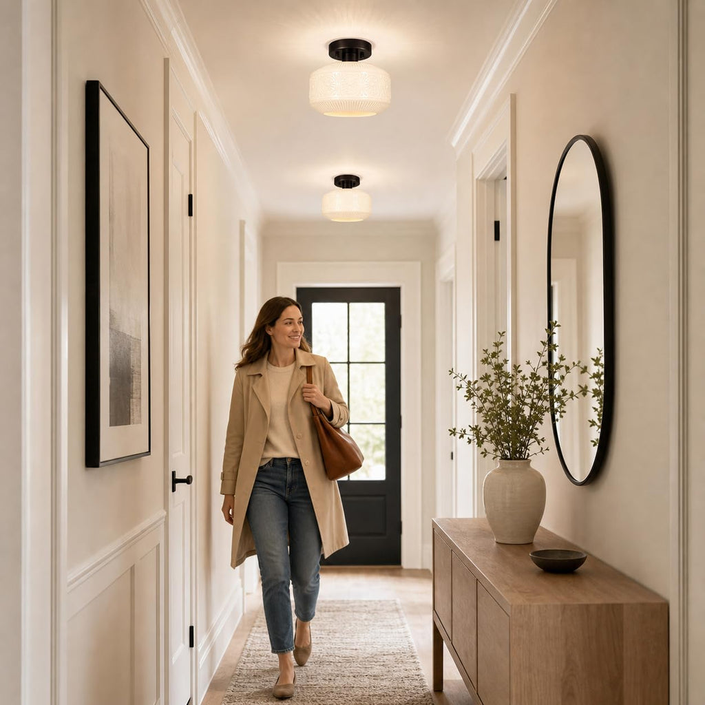 Black Semi Flush Mount Ceiling Light, Vintage Small Ceiling Light Fixture, Thickened White Glass Hallway Lighting