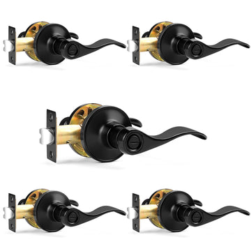 Interior Black Door Handles, Bedroom Bathroom Door Lever, Privacy Wave Style Reversible Door Handle, 5 Pack