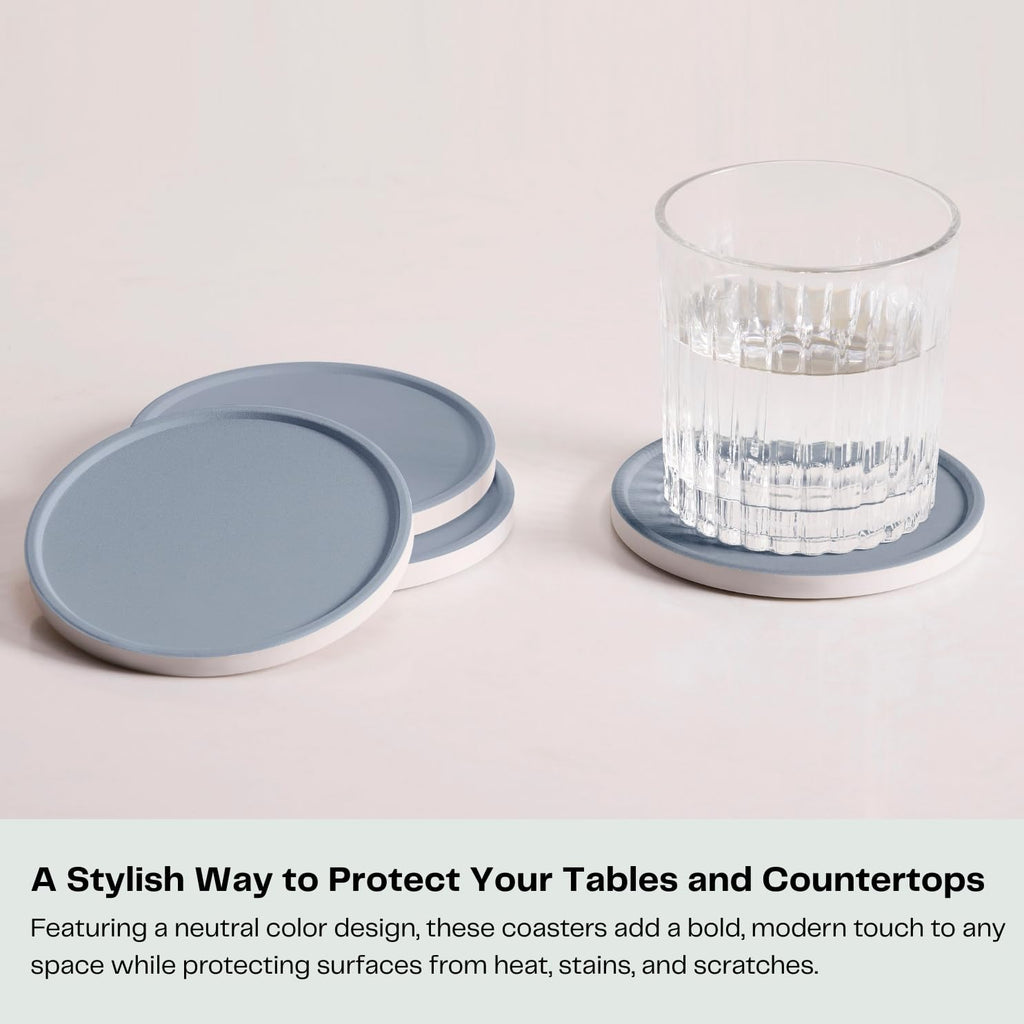 Set of 6 Dusty Blue Coasters with Holder, Absorbent Ceramic Drink Coasters with Cork Backing for Table Protection