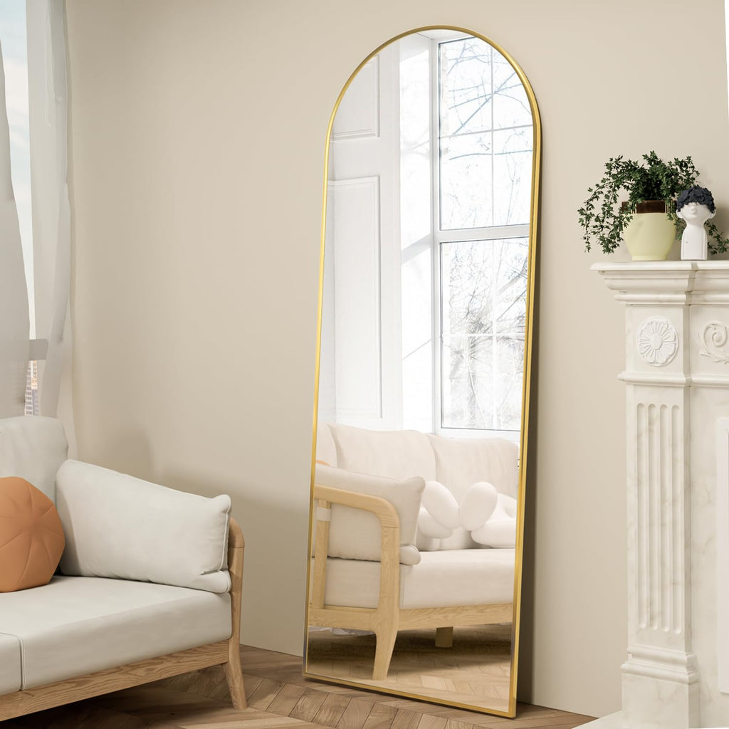 Full Length Mirror, 64"x21" Arch Mirror Floor Mirror with Stand, Gold Arched Full Body Standing or Leaning Mirror