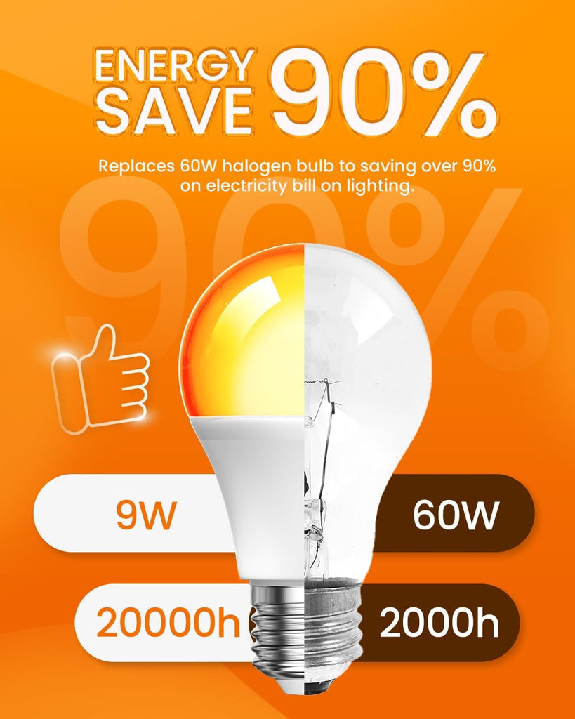 Amber Light Bulbs 2000K, A19 9W E26 LED Yellow Soft Warm Sleep Light Bulb Blue Light Blocking (60 Watt Equivalent)