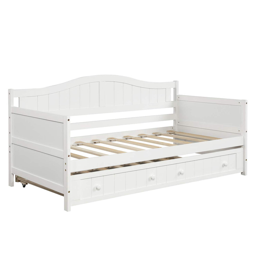 Twin Daybed with Trundle, Mid-Century Sofa Bed Wood Platform Bed Frame with Slats Support, No Box Spring Needed