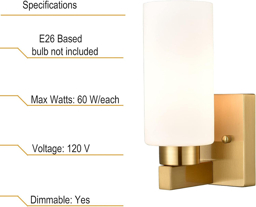Modern Gold Wall Sconce Dimmable Bathroom Vanity Light with Milky White Cylinder Glass Shade Set of 2