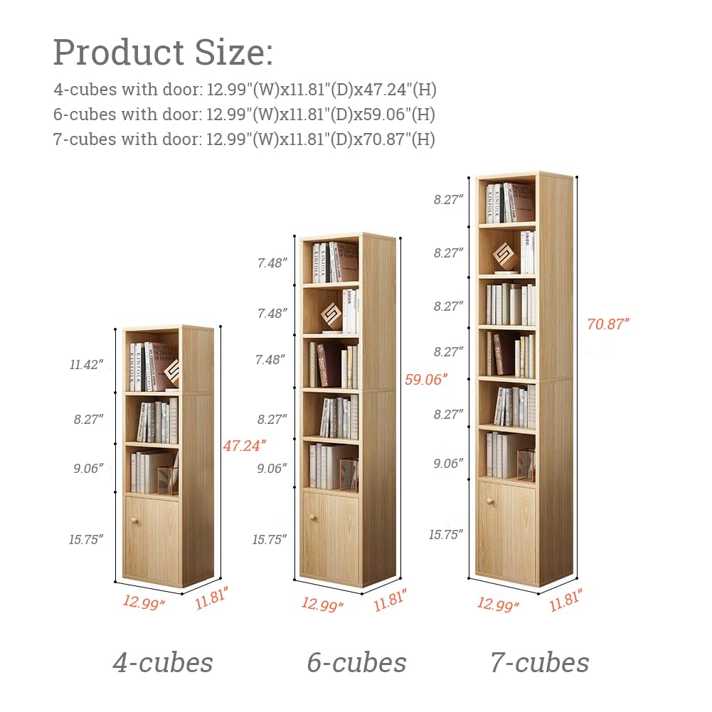 Narrow Corner Bookcase with Door - Oak 59" Tall Gap Storage Cabinet