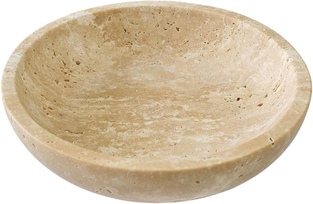 Large 7.87" Natural Travertine Stone Decorative Bowl, Beige Travertine Catchall Tray Decor, Coffee Table Centerpiece