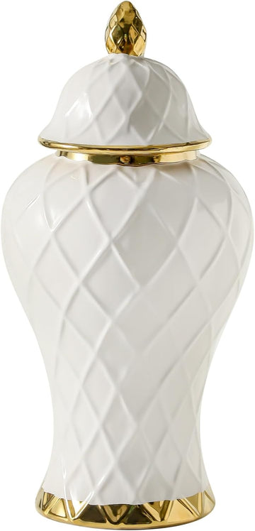 Ginger Jars Decor, White and Gold Vase, Decorative Ceramic Ginger jar with lid, Porcelain Flower Vase