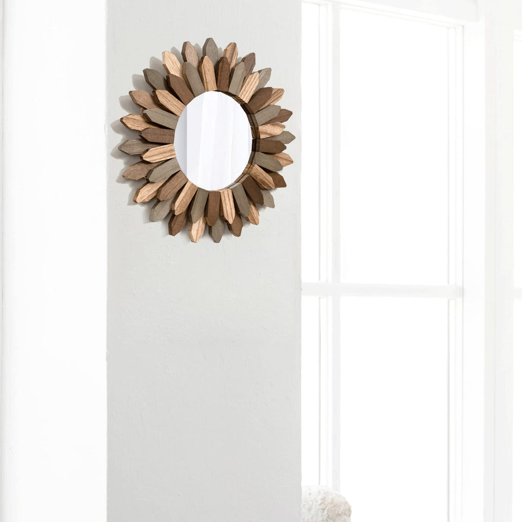 Boho Wall Decor Mirror 2 Pack 12 inch Rustic Wood Decorative Mirror for Room Decor Rustic Farmhouse Wall Decor