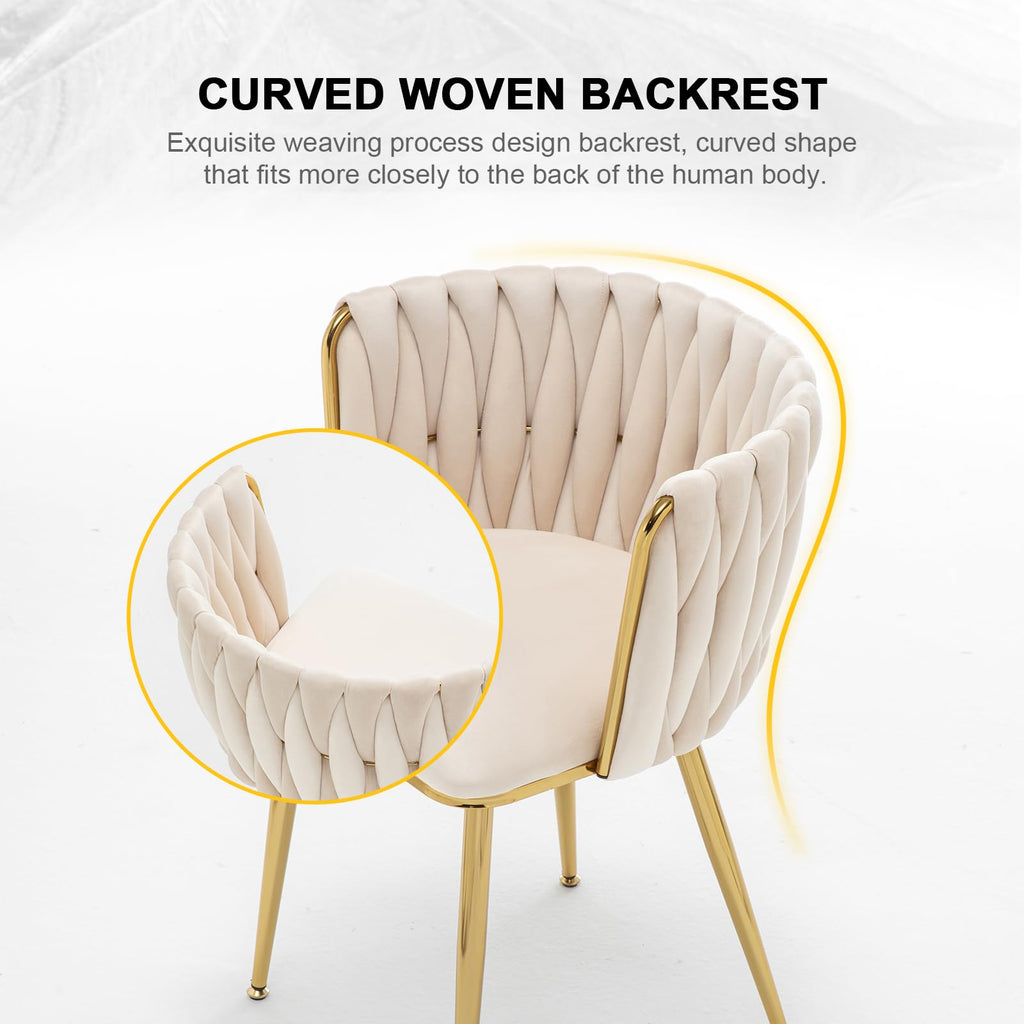 Velvet Dining Chairs Set of 2, Modern Upholstered Woven Dining Chairs with Gold Metal Legs, Modern Accent Chairs