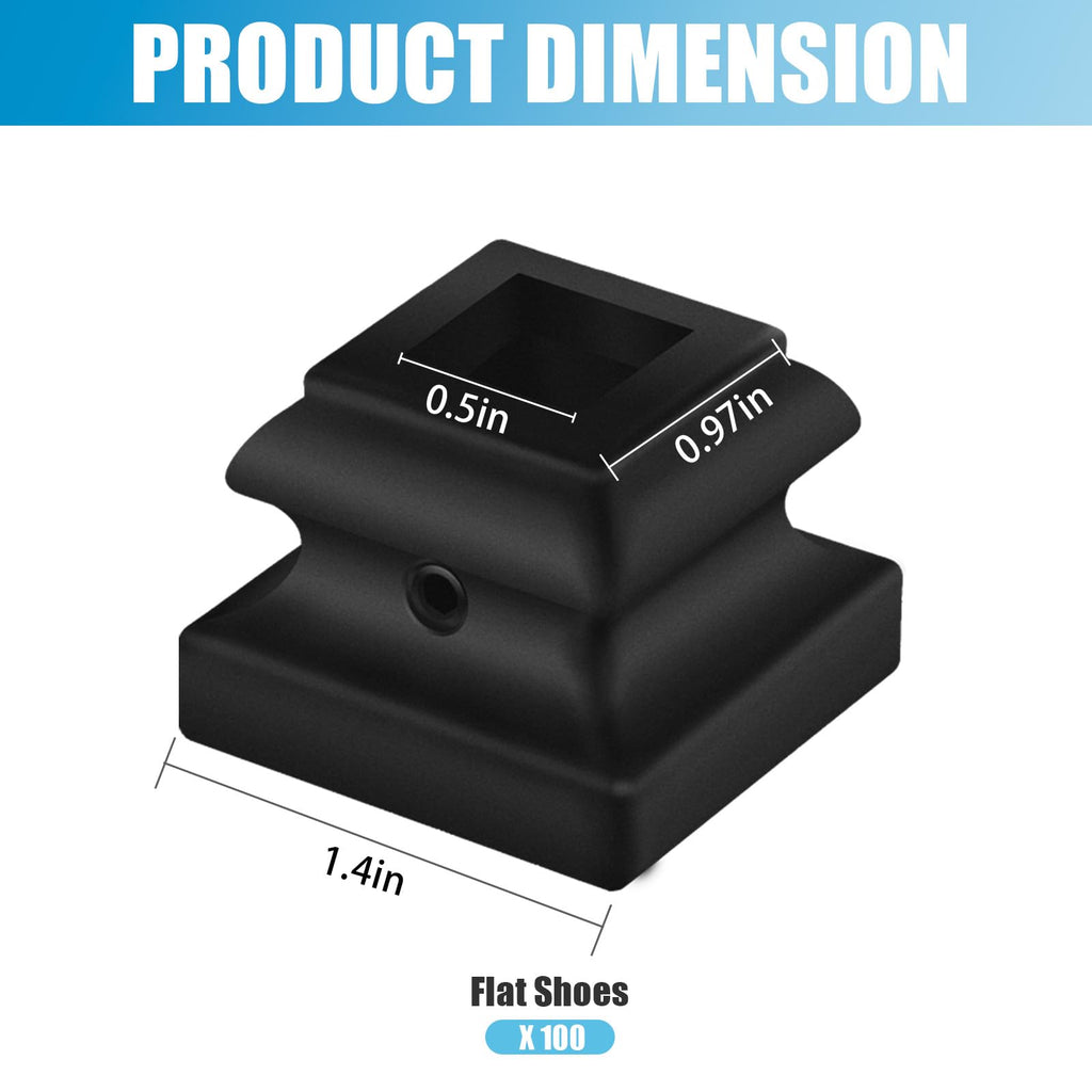 100 Pcs 1/2" Iron Baluster Flat Shoes for Interiors Square Stair Holoow Sprindles, Satin Black