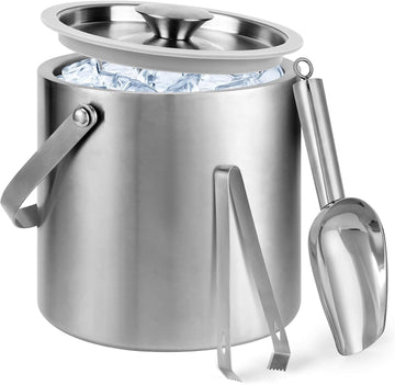 Ice Bucket, 3L Double Wall Insulated Ice Bucket with Lid,Scoop,Tongs- Inner Layer 304 Stainless Steel Ice Container
