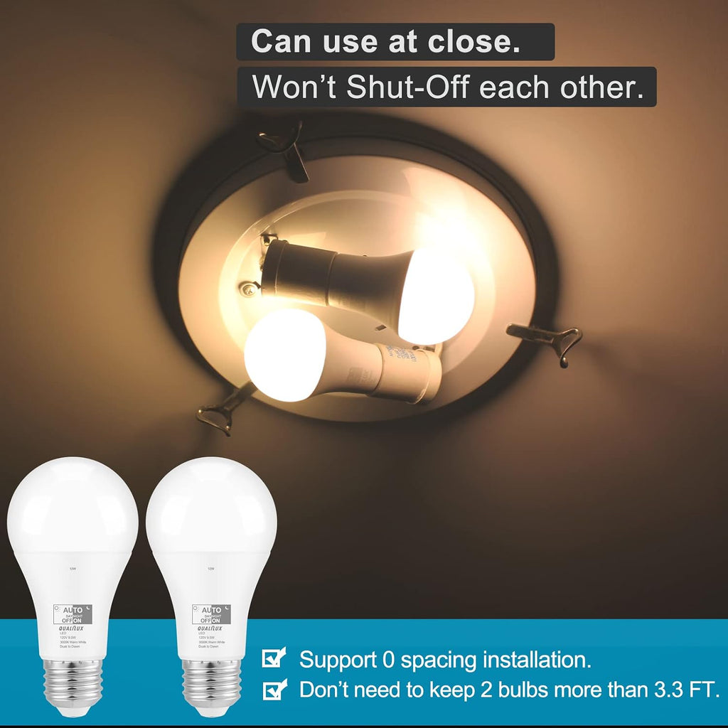Dusk to Dawn A19 LED Light Bulbs Outdoor, Automatic On/Off, 60W Equivalent, Warm White 3000K, Energy Efficient 9.5W