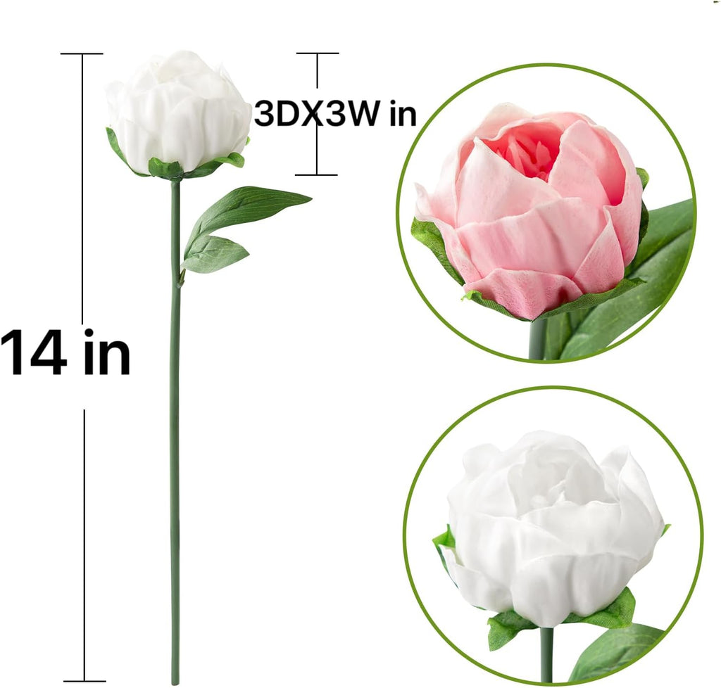 Artificial Peony Flowers 6 Pack 14Inch Milky White Real Touch Latex - Home Decor Bathroom Table Centerpieces Wedding - Set of 6