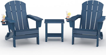 HDPE Folding Adirondack Chair Set of 2 with Side Table, Navy Blue | All-Weather Resistant & Wood Textured & Cup