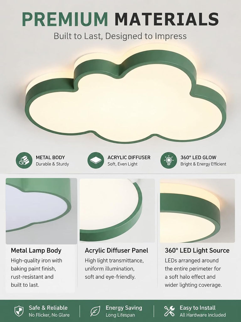 23" Cloud Ceiling Light with Remote, Green Kids Room Dimming LED Flush Mount Ceiling Light, 3 Color Temperatures