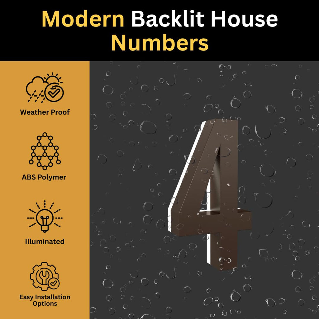 7 Inch Backlit LED House Number, 5000K White Light, ABS (4, Bronze)