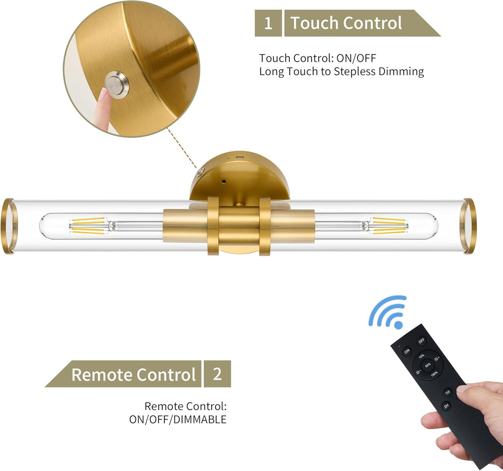 8000mAh Wireless Wall Sconces with Remote Control, Battery Operated Wall Sconce Set of 2 with Timer, Gold