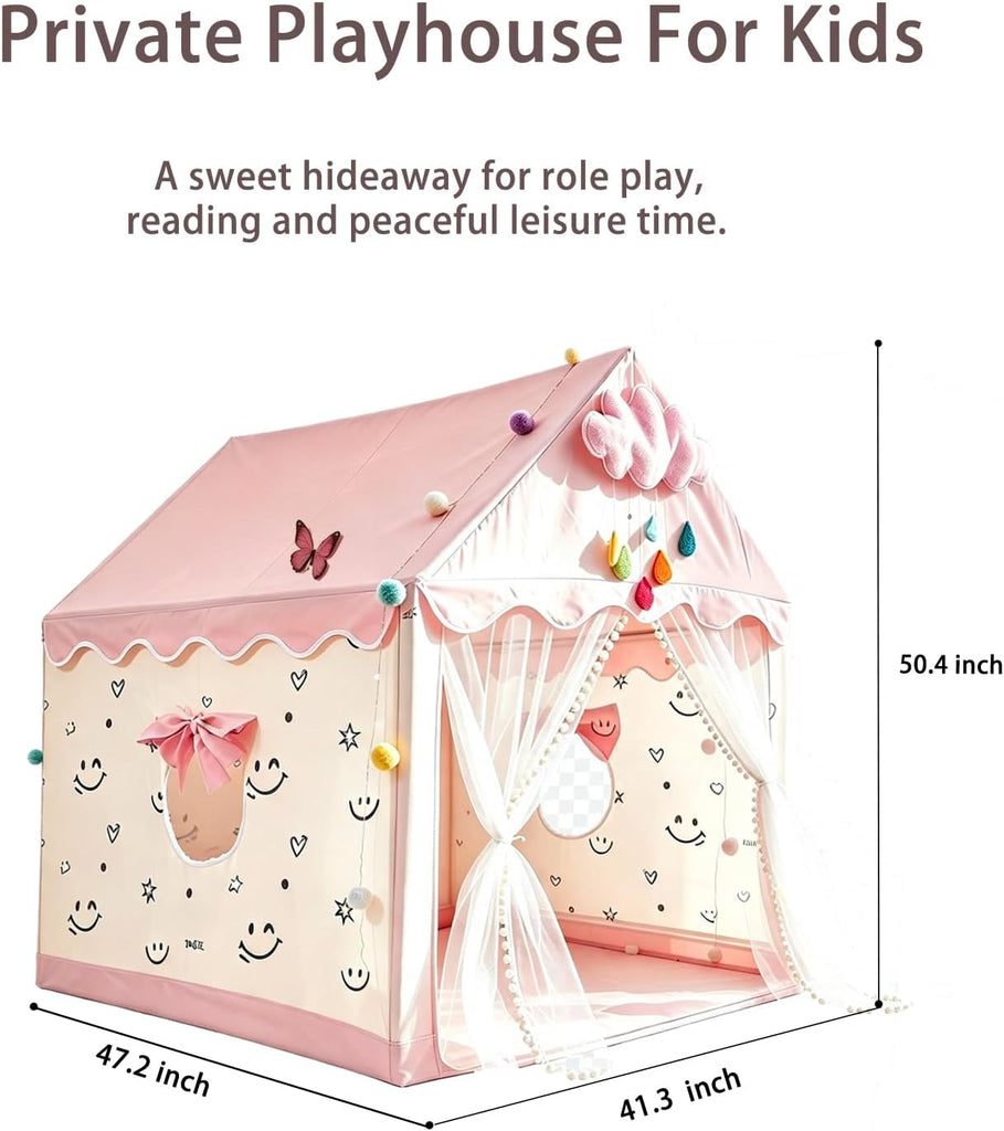 Princess Castle Play Tent for Kids with LED Globe String Lights, Pink Fantasy Playhouse Indoor, Easy Setup & Durable