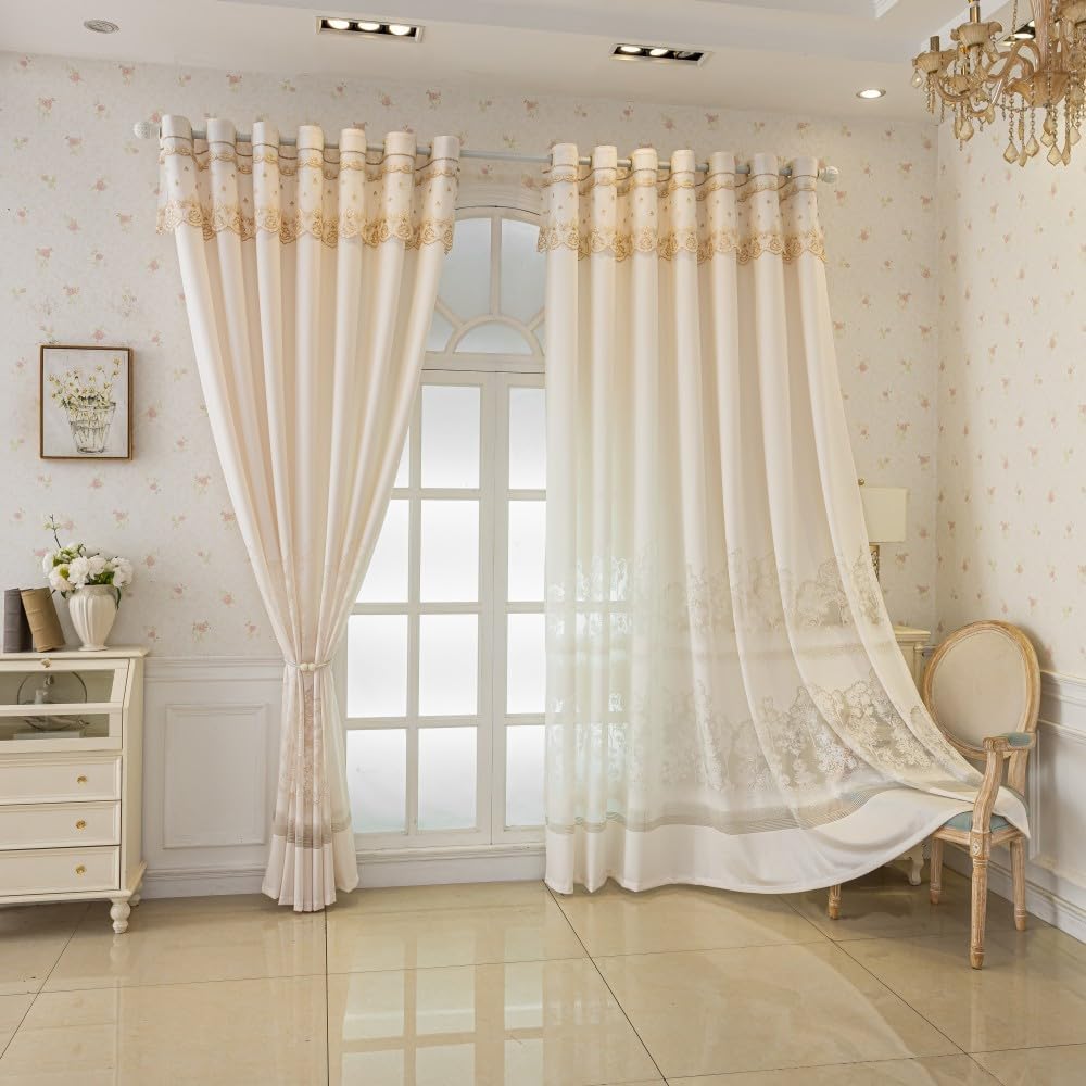1 Pair European Luxury Embroidered Sheer Curtains with Lace Valance - Elegant Decorative Tulle Curtains Home Interior
