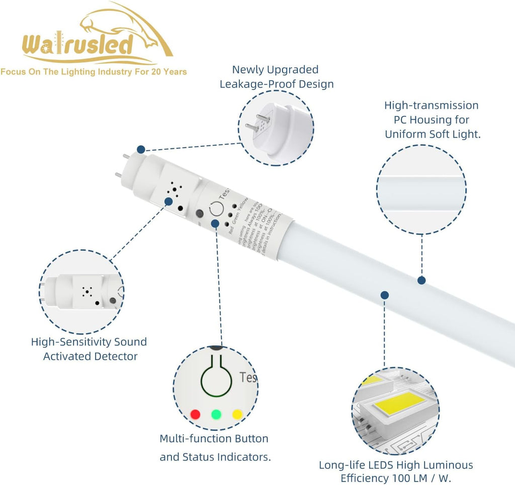 T8 LED Claps Tube Light 2FT, Photocell and Sound Activated Sensor, Remote,Dimmable, G13,IP4X,CCT,120V,10W,100