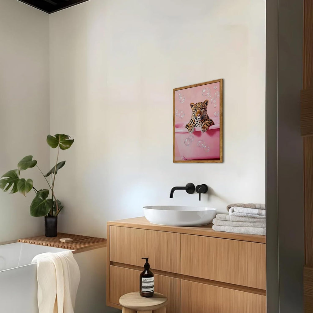 Funny Cheetah Bathroom Wall Art, Pink Leopard in Bathtub Wall Decor Paintings, Cute Animal Bathroom Poster Canvas
