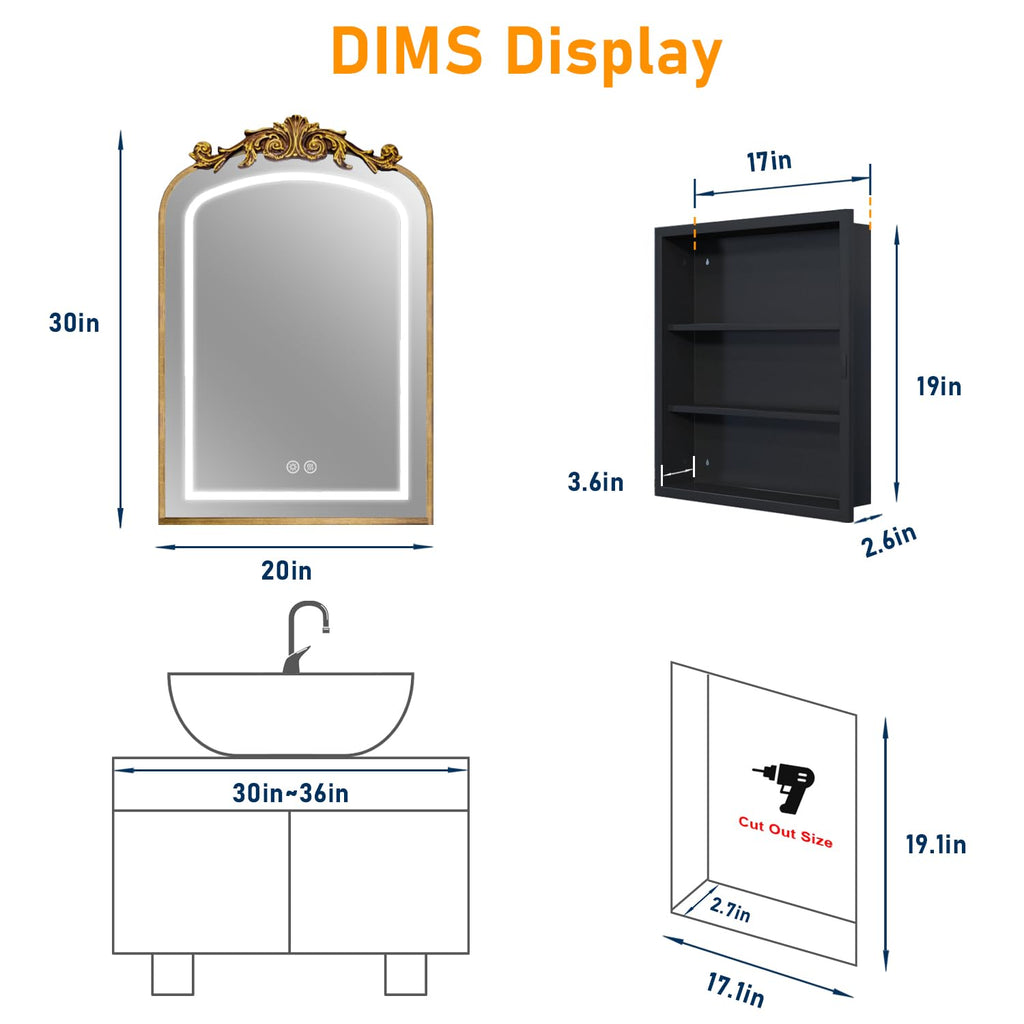 20"x30" LED Bathroom Medicine Cabinet with Mirror and Lights, Bronze Hand-Painted Baroque Bathroom Storage with