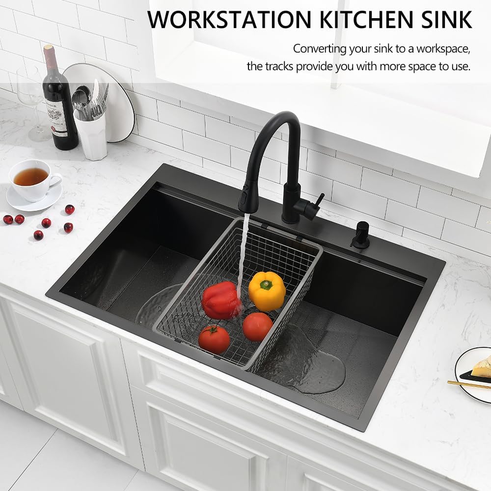 33 Black Drop in Workstation Kitchen Sink, 16 Gauge 33x22x10 Inches Black Stainless Steel Kitchen Sinks Topmount