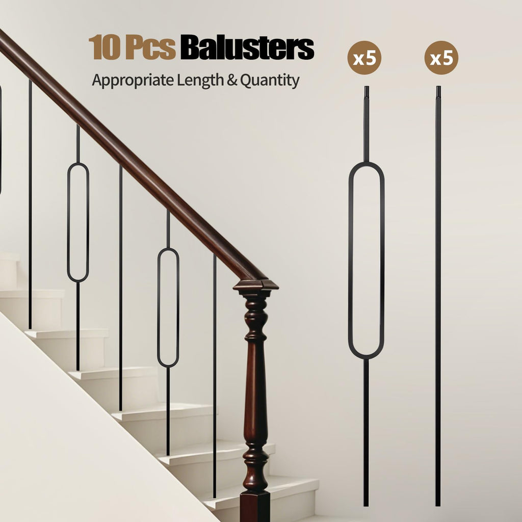 10 Pcs Iron Balusters for Staircase - 44 Inches Wrought Iron Balusters, Balusters for Staircase Interior Satin Black