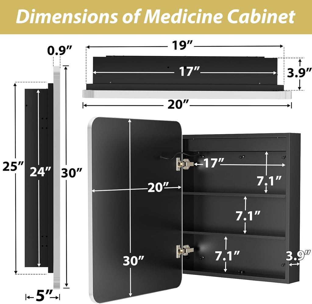20x30 Inch Lighted Bathroom Medicine Cabinet with Mirror, Silver Recessed or Surface Mount Medicine Cabinet Mirror
