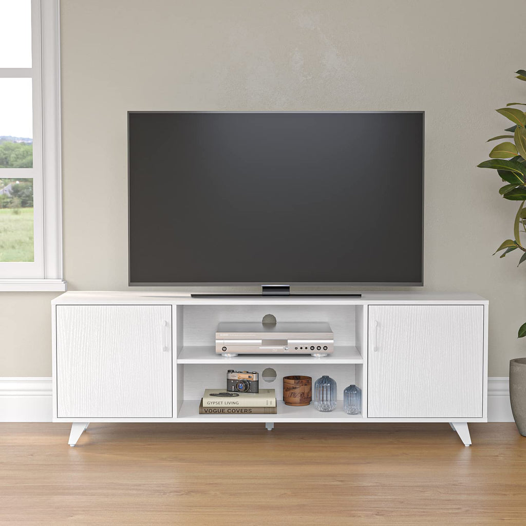 Modern TV Stand, Entertainment Center Television Stands Console with 2 Doors & Shelves Media Console (White, 63" x