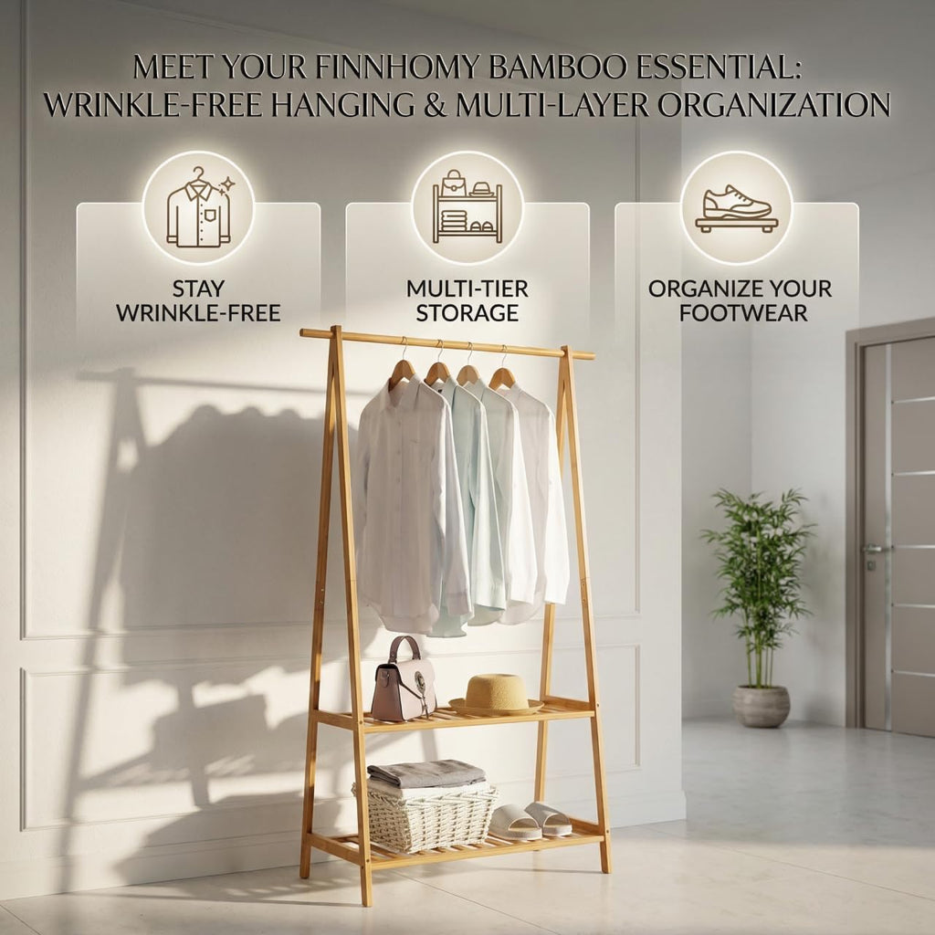 Bamboo Clothes Rack Portable Extra Large Garment Rack 2-Tire Storage Box Shelves and Bed Room Patented Design