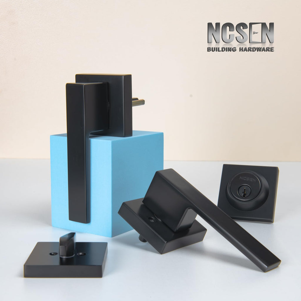 Black Door Handles with Lock, Zinc Exterior Door Lock Set