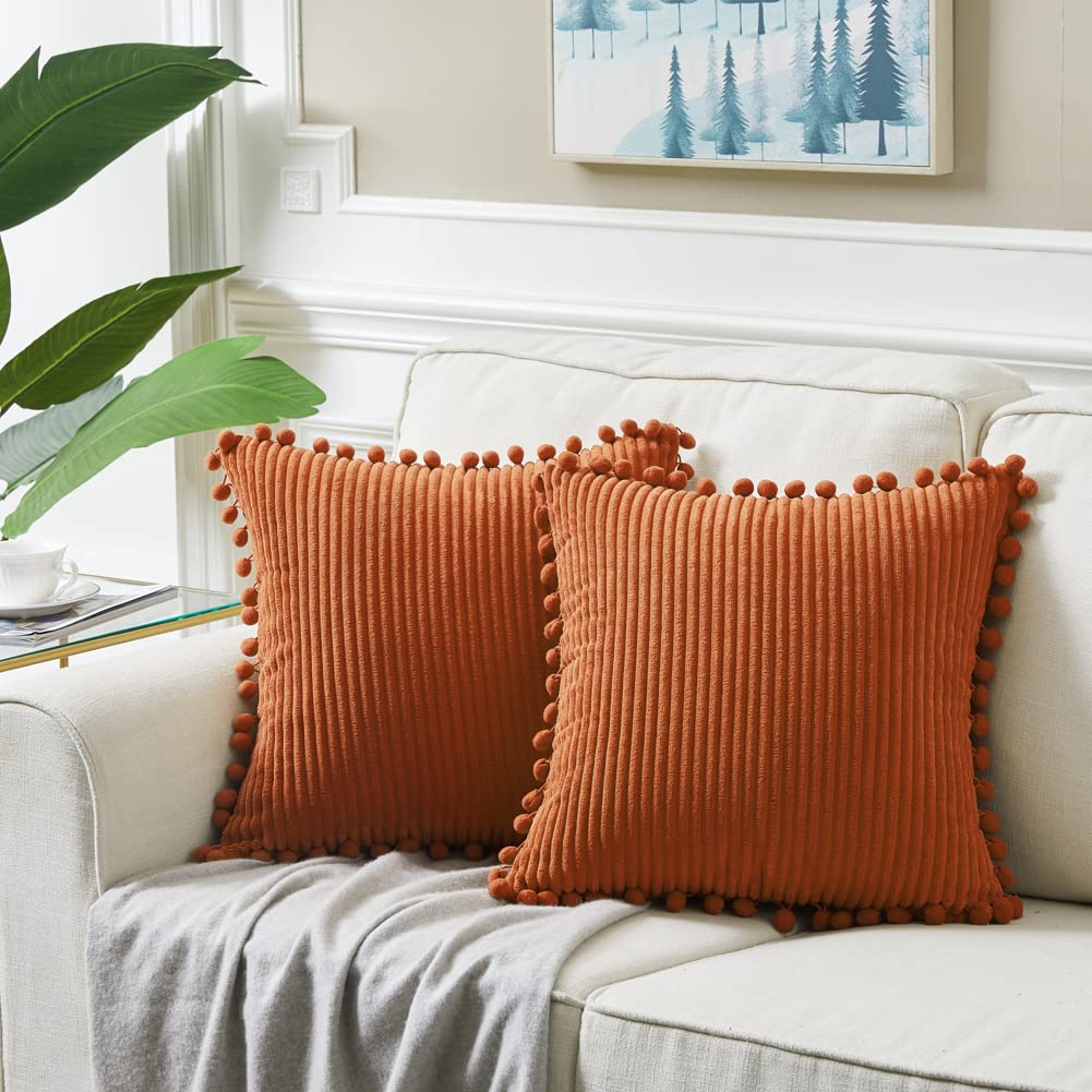 Pack of 2 Rust Fall Decorative Throw Pillow Covers 20x20 Inch with Pom-poms Couch Bedroom, Soft Corduroy Terracotta