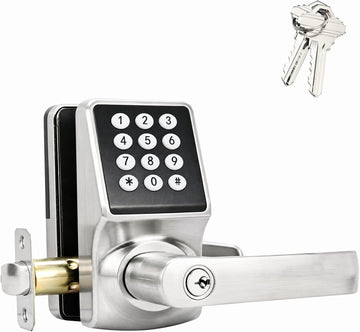 Keypad Door Knob with Handle - Keyless Entry Door Lock with Keypad, Electronic Door Knob with IC Card & Key, Satin