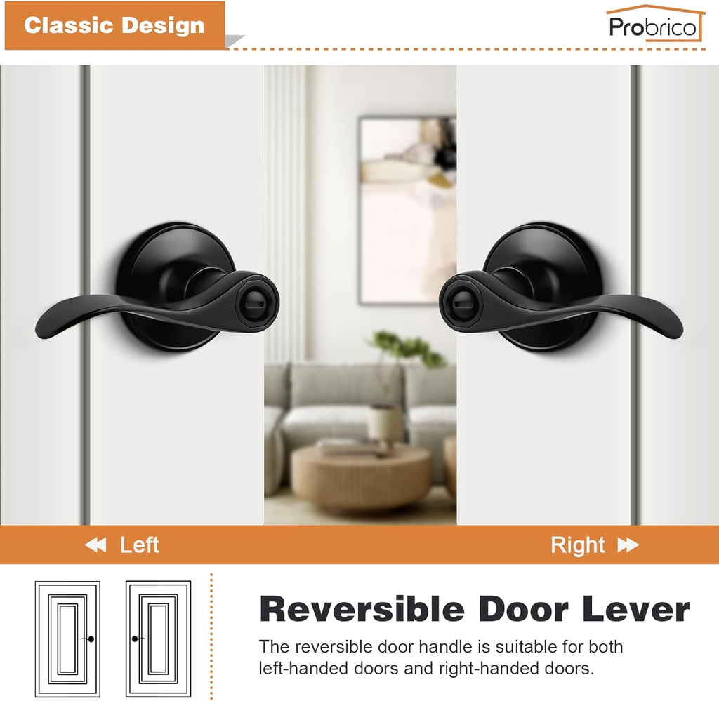 Matte Black Wave Style Bed/Bath Door Levers, Privacy Door Levers Interior Door Handles Bathroom