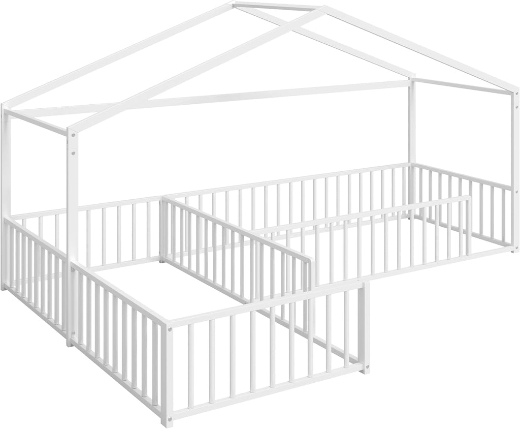 Double L-Shaped Montessori Bed, Metal Corner Hose Bed Frame with Fence, House-Style Floor Bed for 2