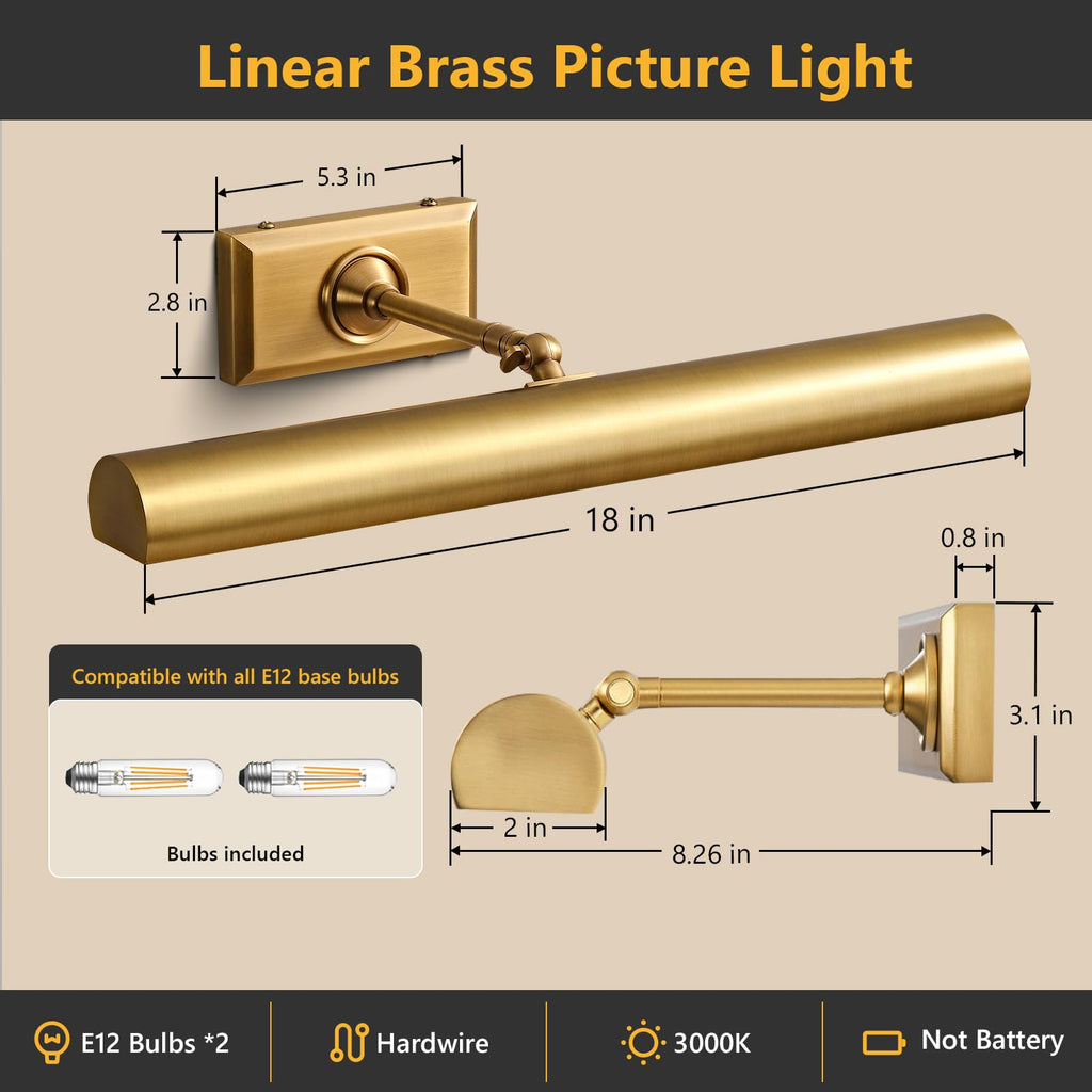 18 inch Brass Picture Light Hardwired Picture Light Library Light