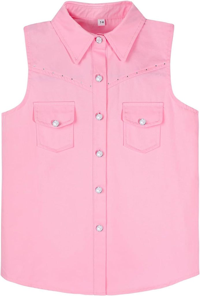 Girls Rhinestones Western Shirt Sleeveless Cowgirl Button Down Shirts Casual Blouses Tops